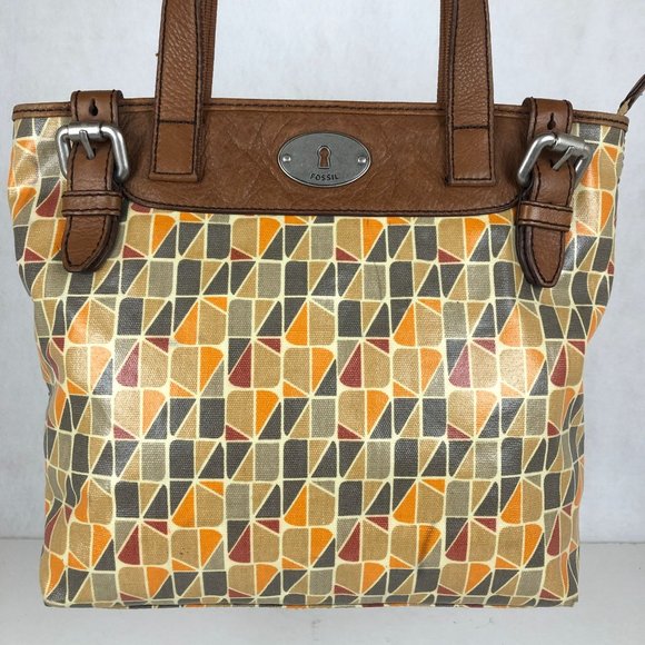 Fossil Key-Per Calypso Brown Grey Orange Cowhide Leather Trim Shoulder Bag Purse - Picture 2 of 12